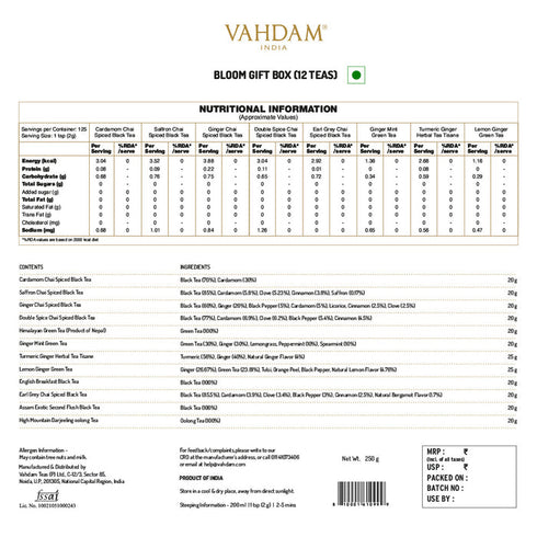 Vahdam Tea Bloom Assorted Teas Gift Set 12 Teas